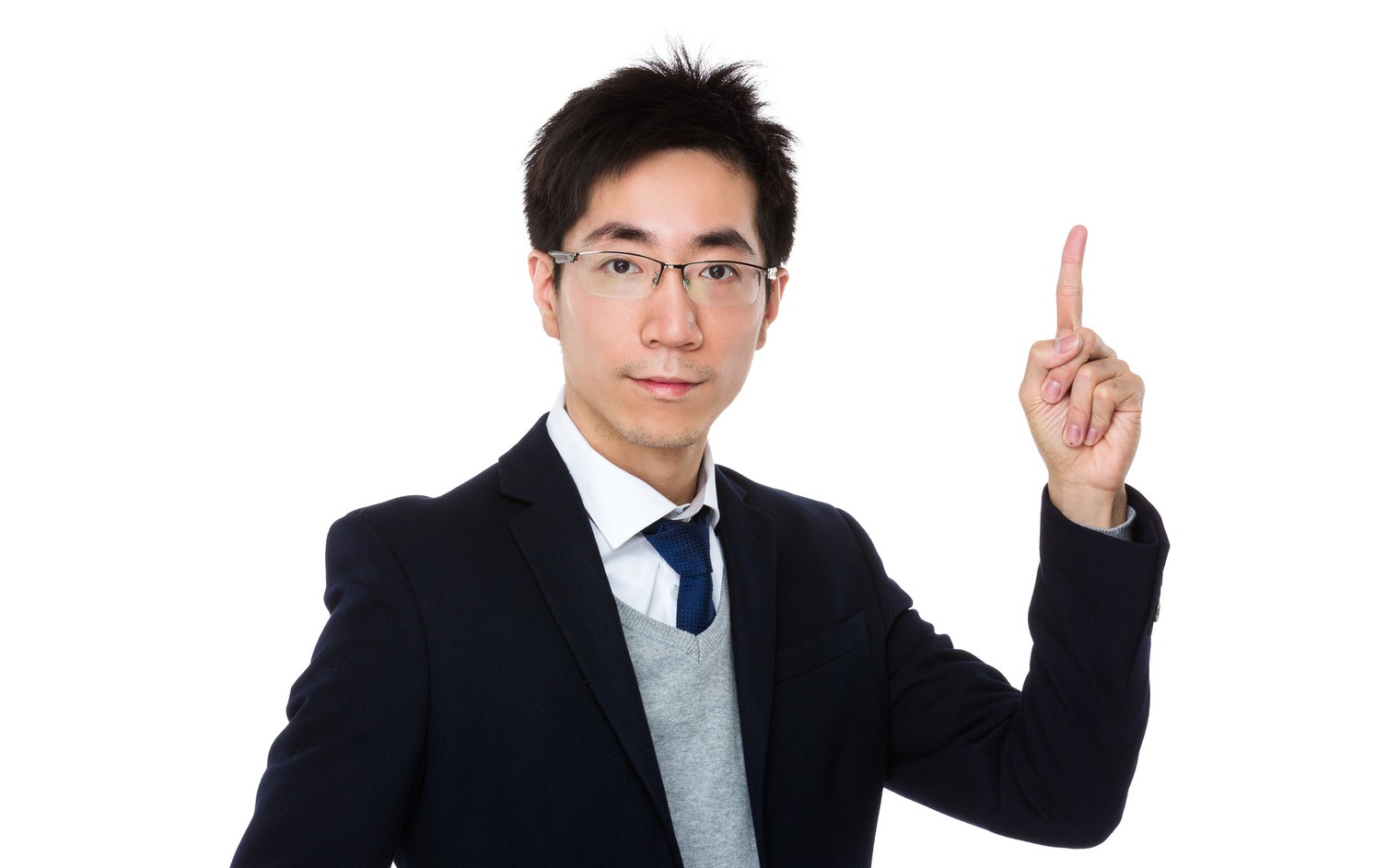Young businessman with finger showing up
